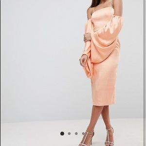 Extreme Blouson Sleeve Midi Sleeve Dress in Satin
